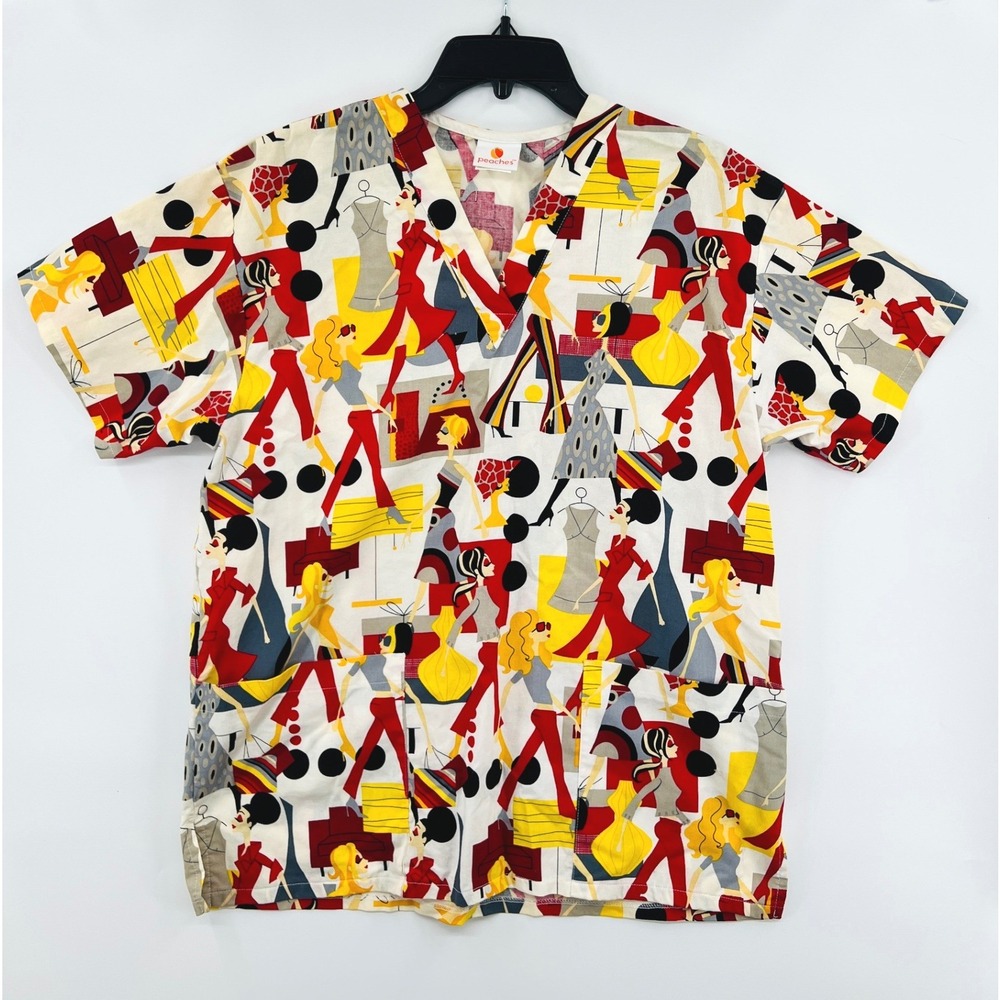 Peaches Scrub‎ Top Womens M White Red Fashion Illustration MCM Print V-Neck